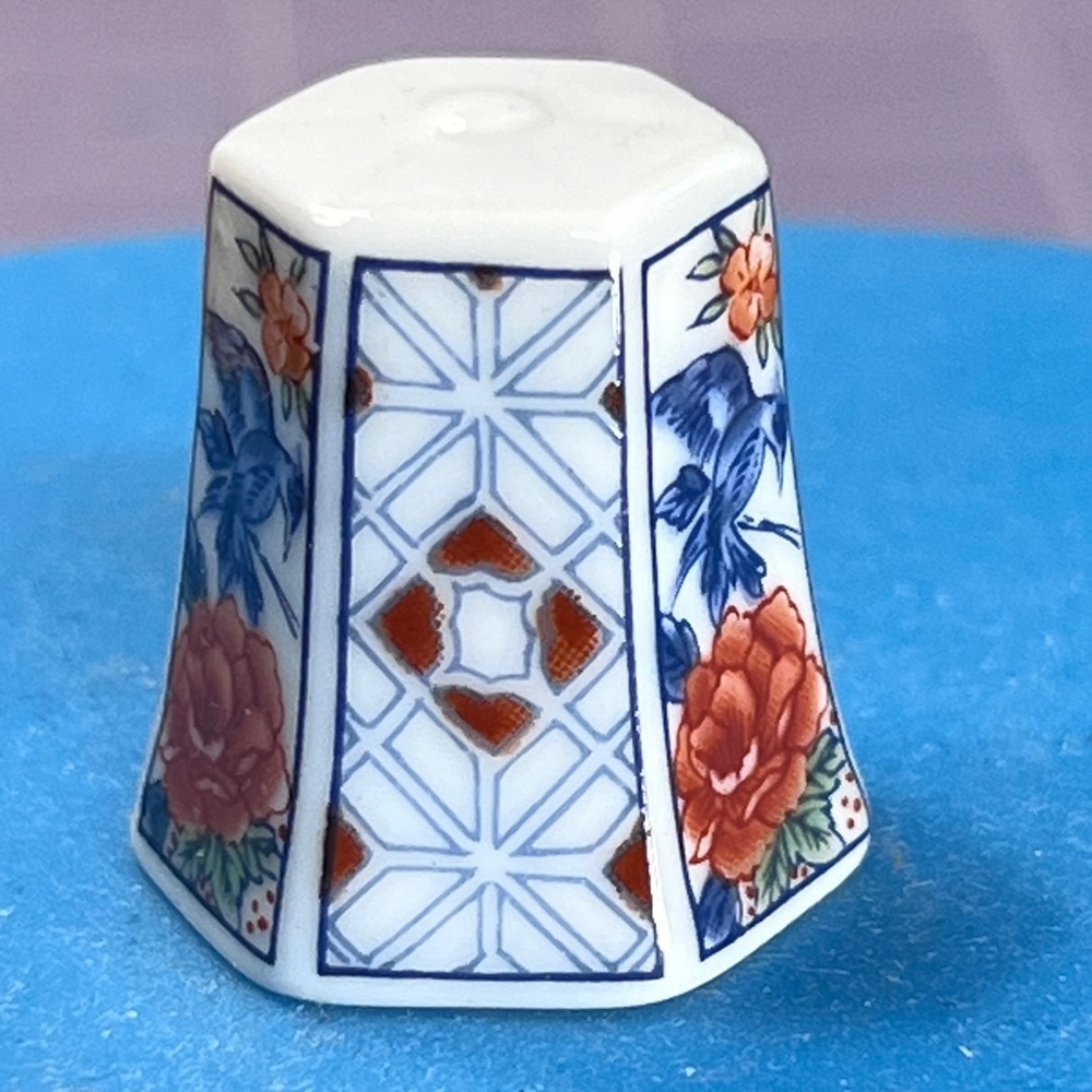 Blue bird & Floral Porcelain Decorative Thimble, hexagon shape
